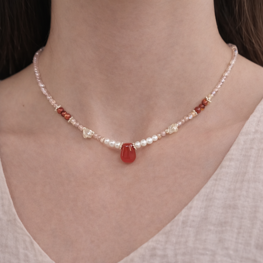 Freshwater Pearl and Red Agate Necklace