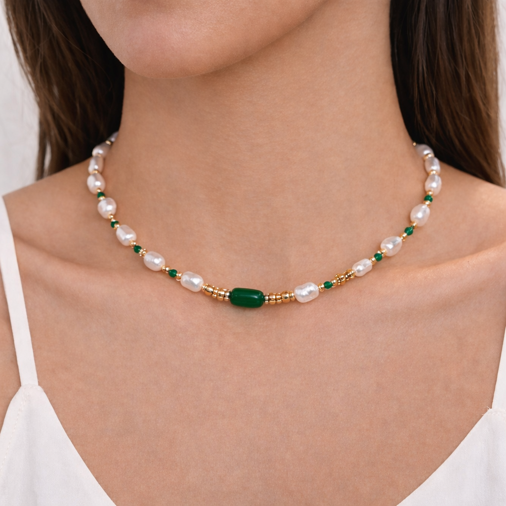 Freshwater Pearl and Jade Stone Necklace