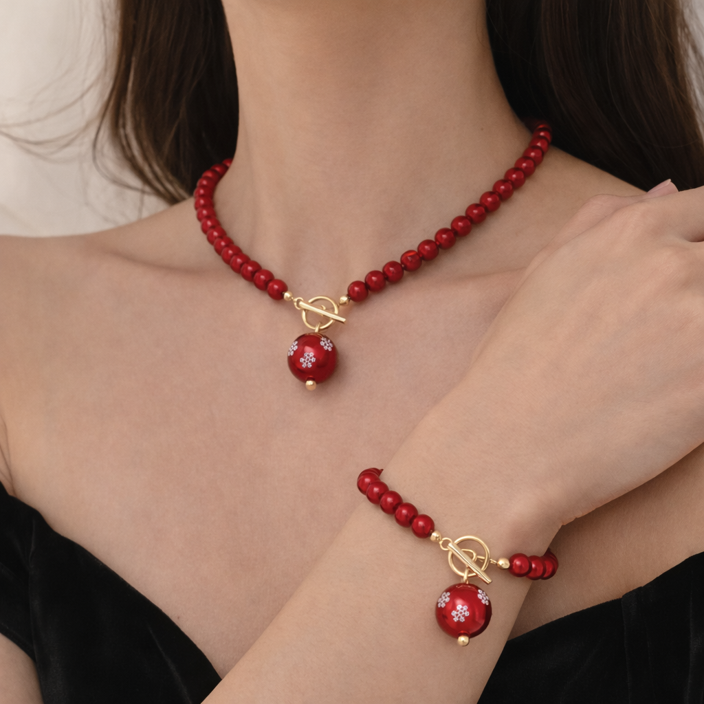 Red Pearl Jewelry Set - Necklace and Bracelet