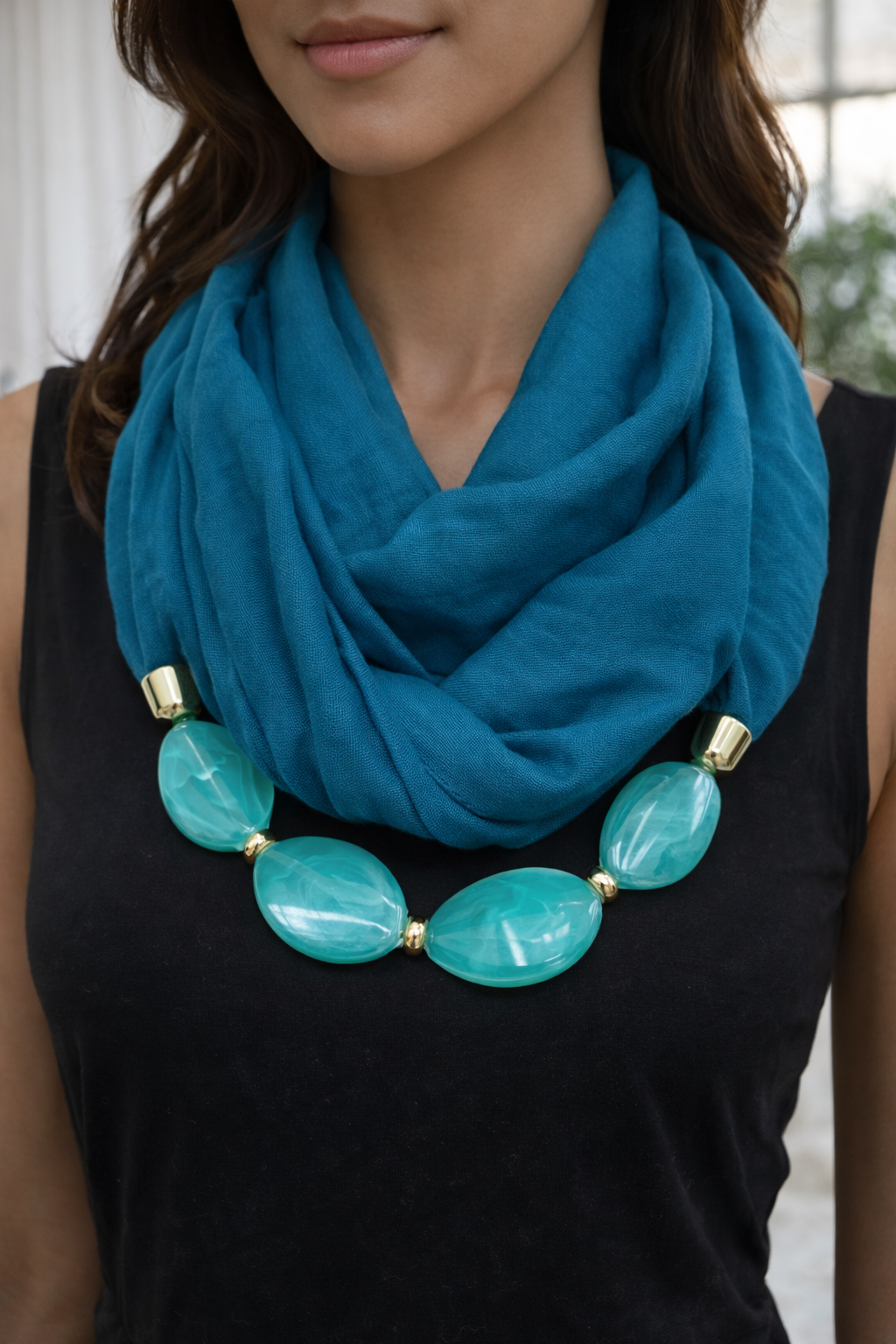 Scarf with Statement Necklace - Turquoise