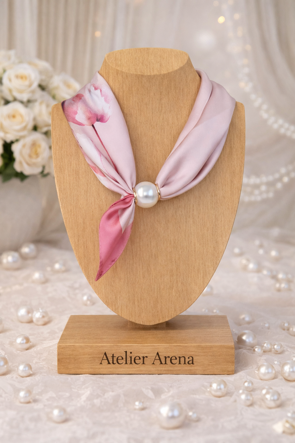 Silk Scarf with Pearl Ring - Pink Floral Print