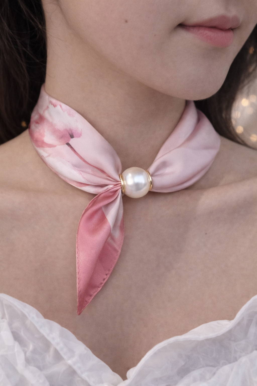 Silk Scarf with Pearl Ring - Pink Floral Print