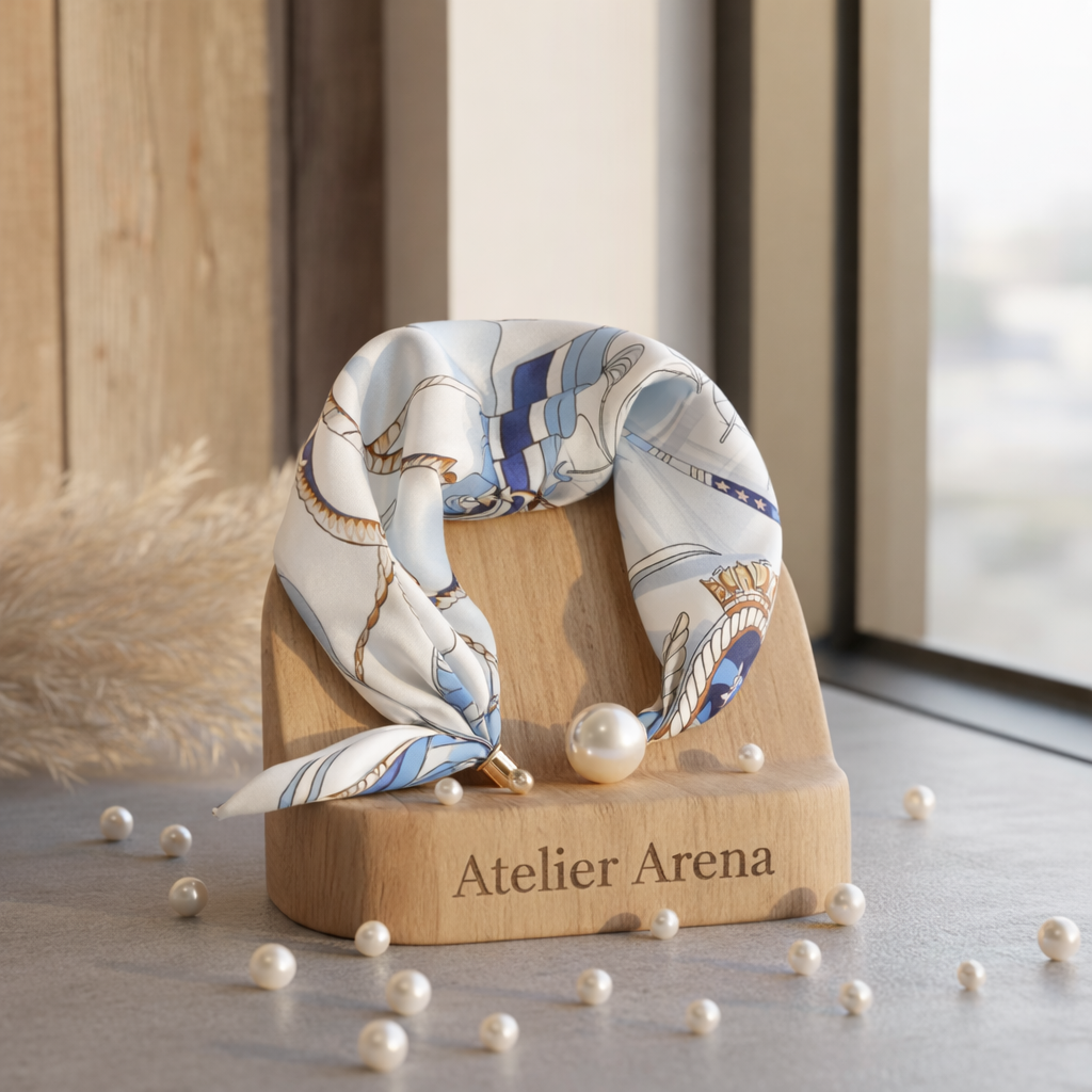 White Scarf with Blue Design and Pearl