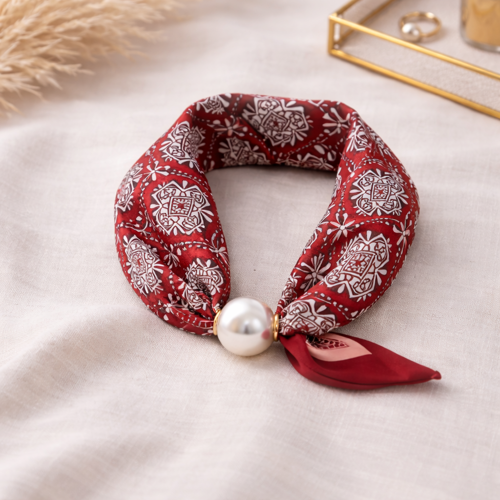 Red Scarf with Ornamental Pattern and Pearl