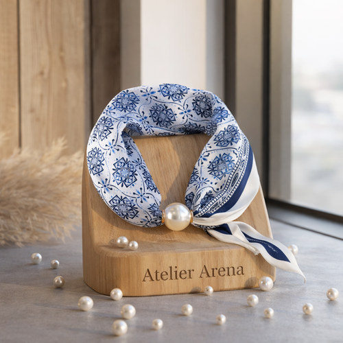Blue and White Scarf with Ornamental Pattern and Pearl