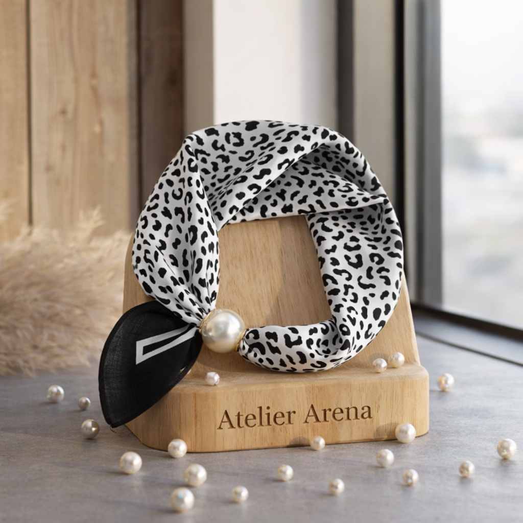 Leopard Print Scarf with Black Accent and Pearl