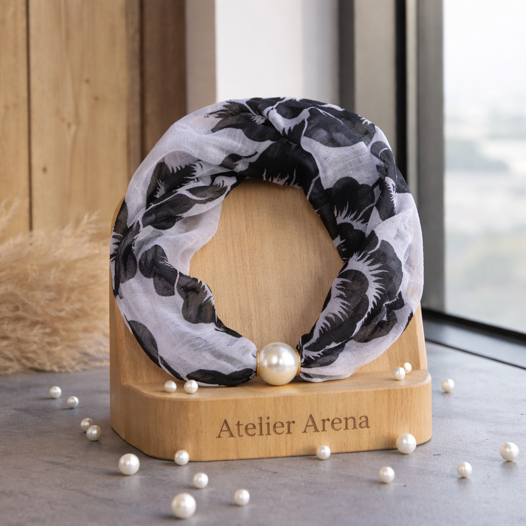 Black and White Floral Print Scarf with Pearl