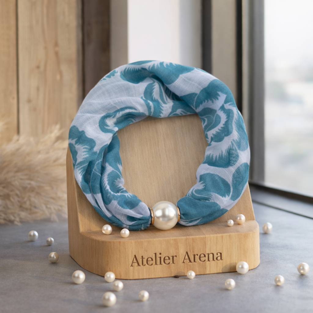 Turquoise Flower Print Scarf with Pearl