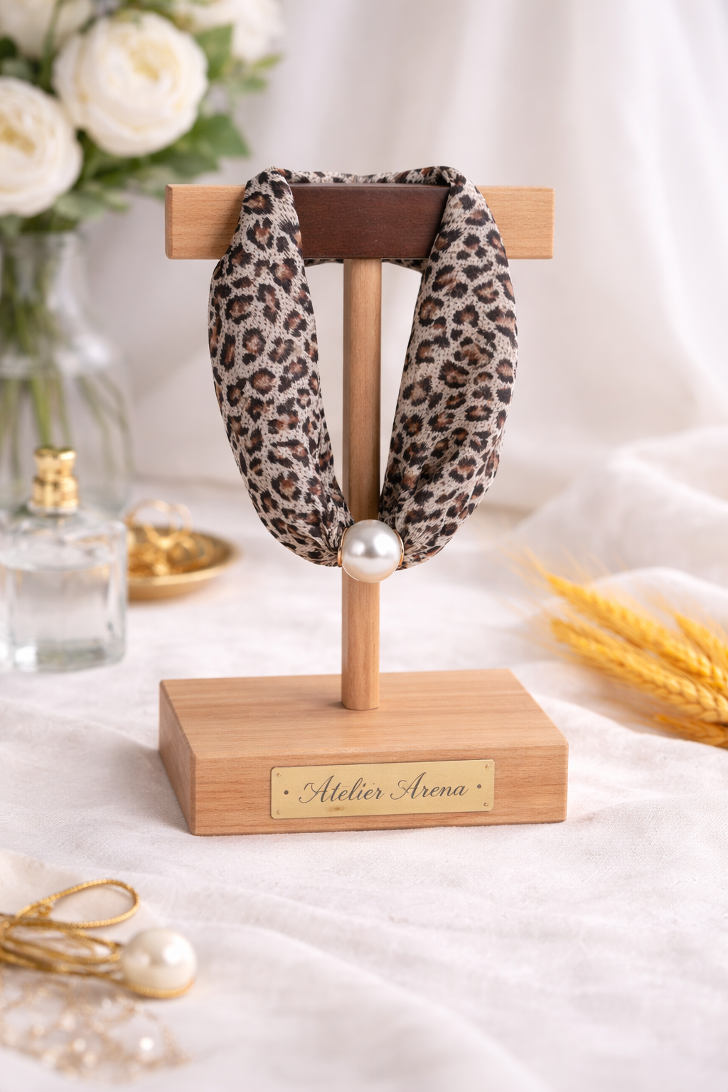 Leopard Print Scarf with Pearl