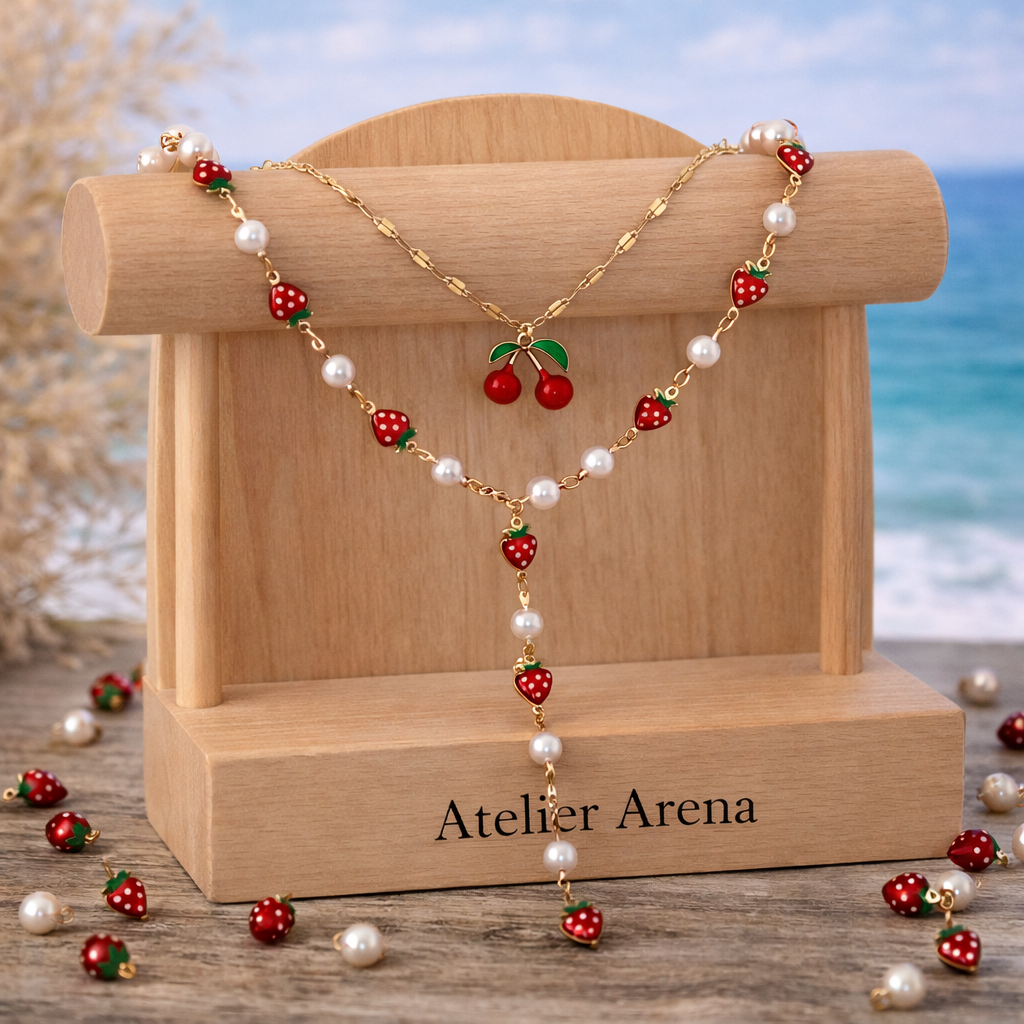 Necklace with Cherry and Strawberry Charms - Pearls and Gold-Colored Chain