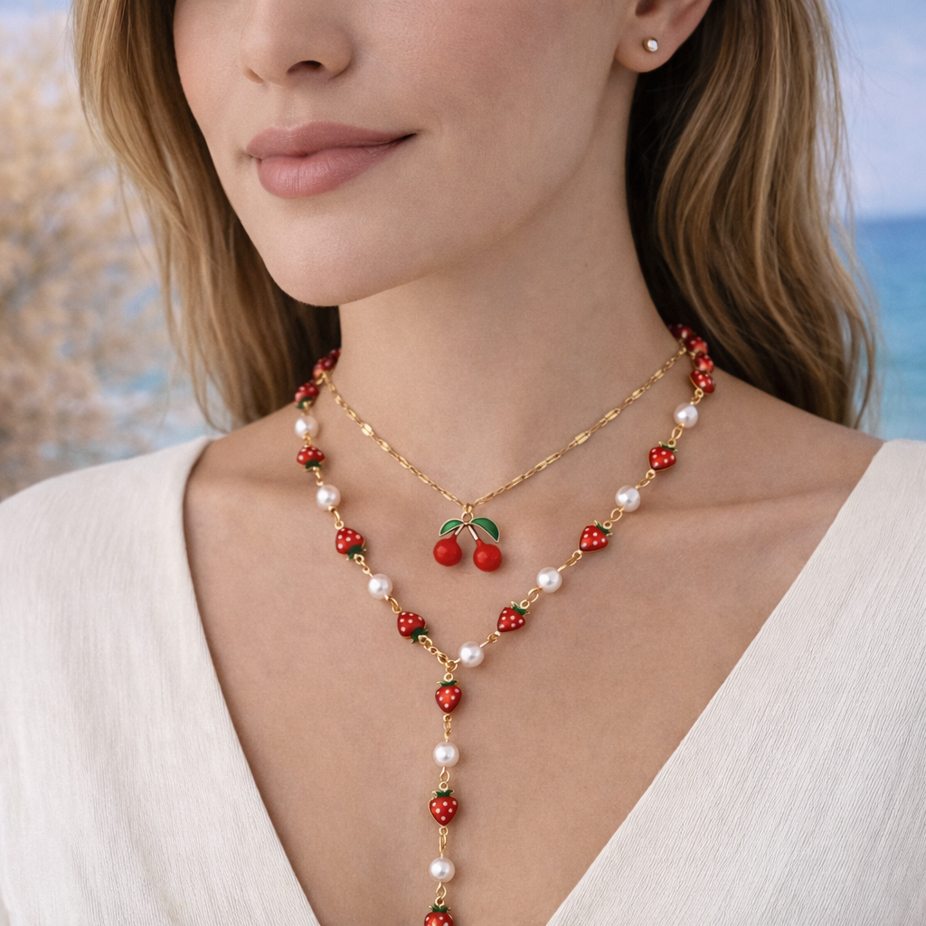 Necklace with Cherry and Strawberry Charms - Pearls and Gold-Colored Chain