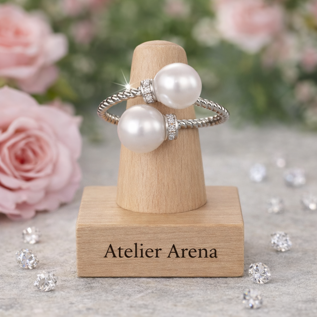 Double Pearl Ring with Twisted Band - Silver-Colored