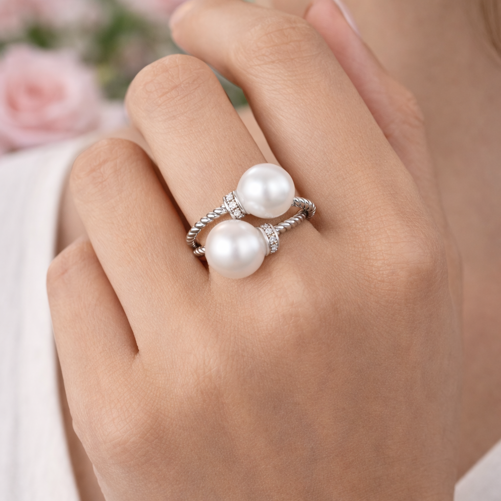 Double Pearl Ring with Twisted Band - Silver-Colored