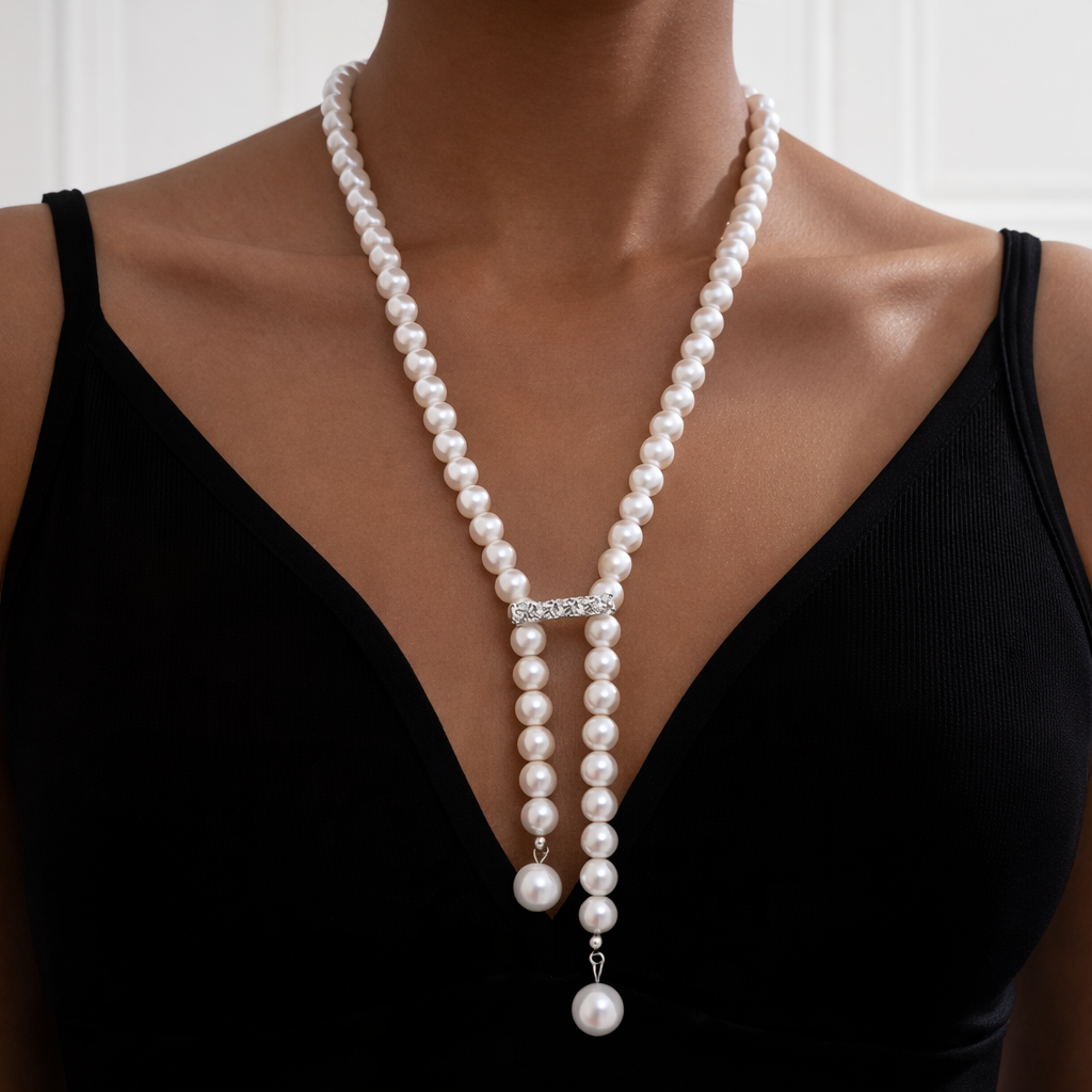Long Pearl Necklace with Crystal Slide - Y-Necklace