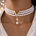Luxury Pearl Choker with V-Pendant - Triple Pearl Necklace