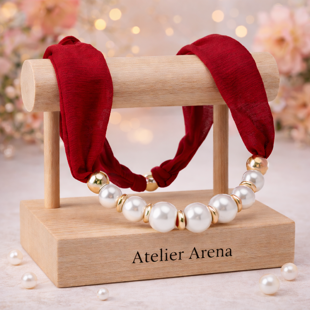 Pearl Necklace with Red Silk Band