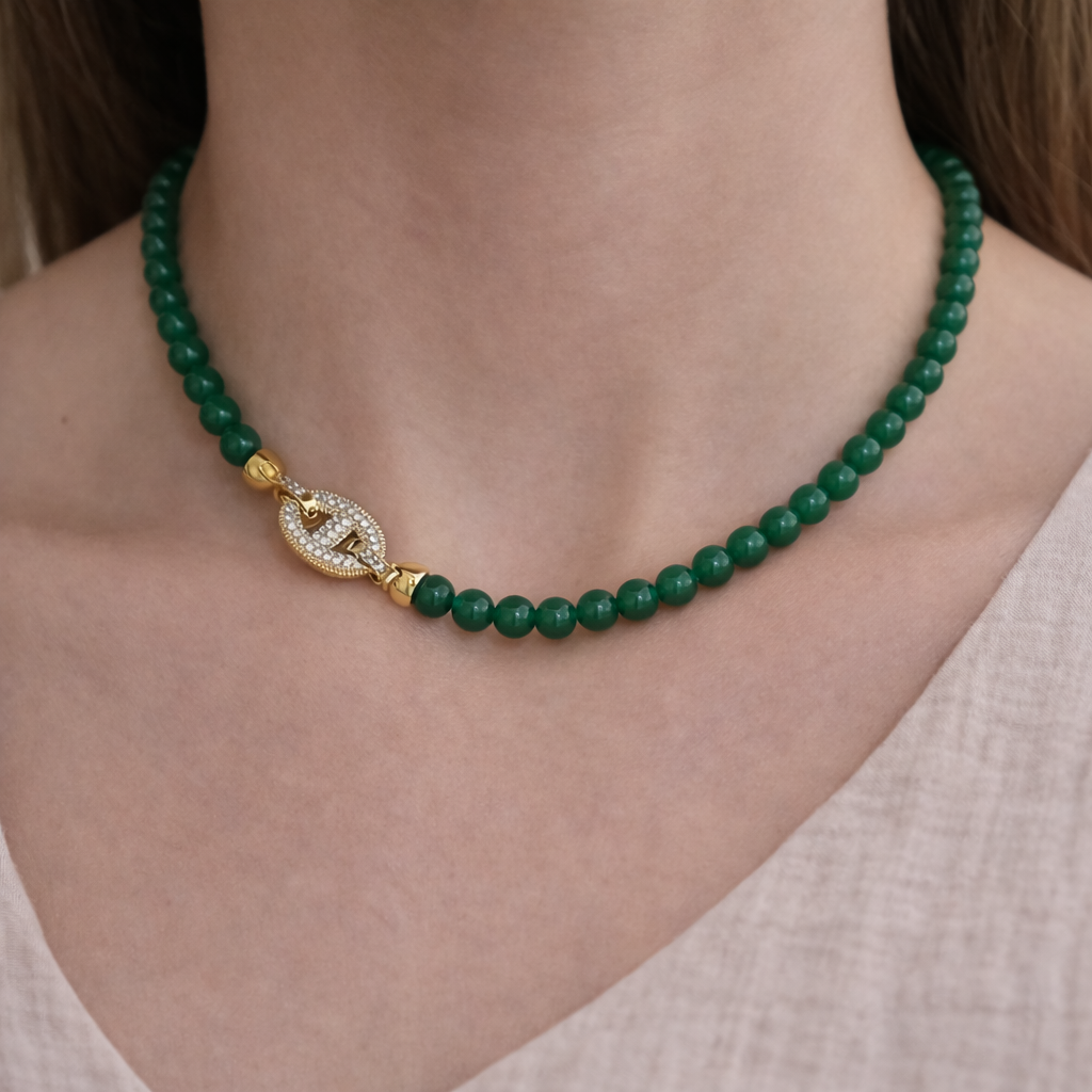 Green Agate Necklace with Crystal Clasp