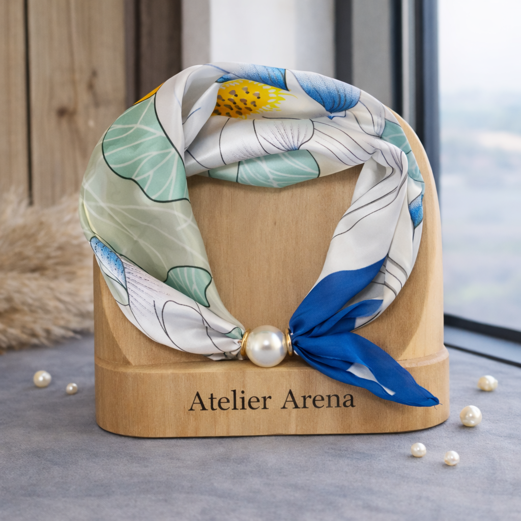 Silk Scarf with Botanical Print and Pearl