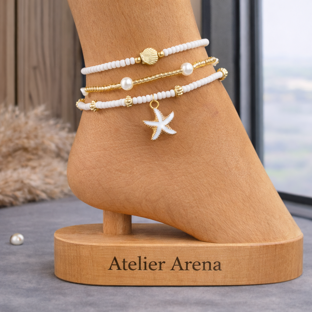 Anklet with Starfish - White &amp; Gold