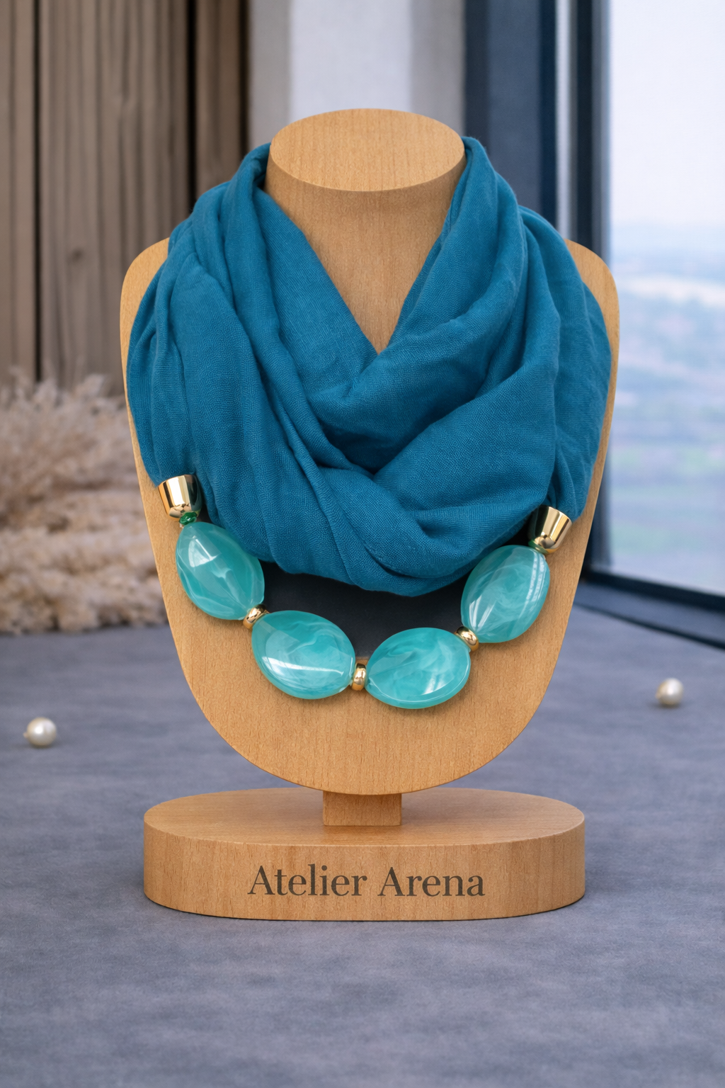 Scarf with Statement Necklace - Turquoise