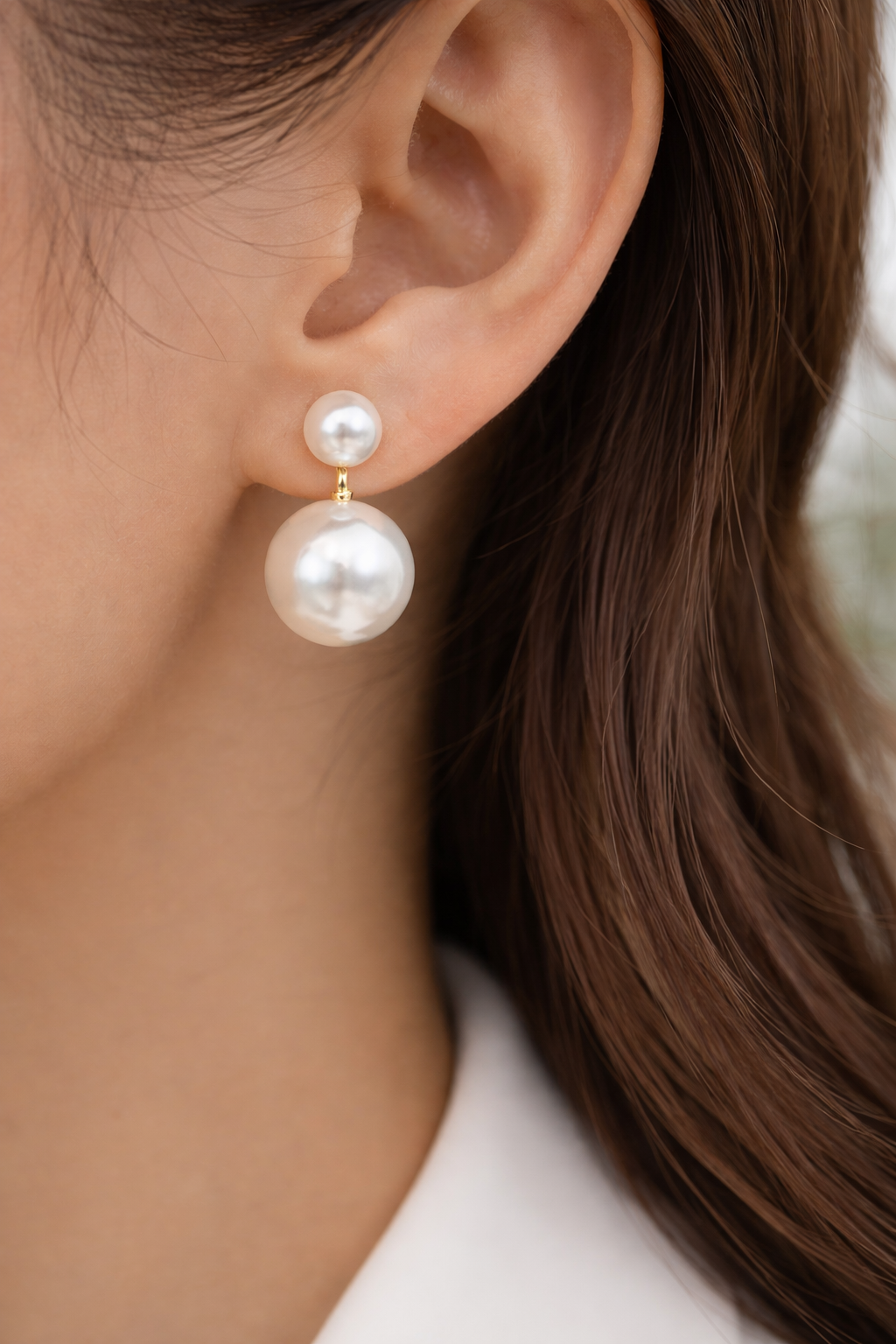 Pearl Earrings Double - White &amp; Gold