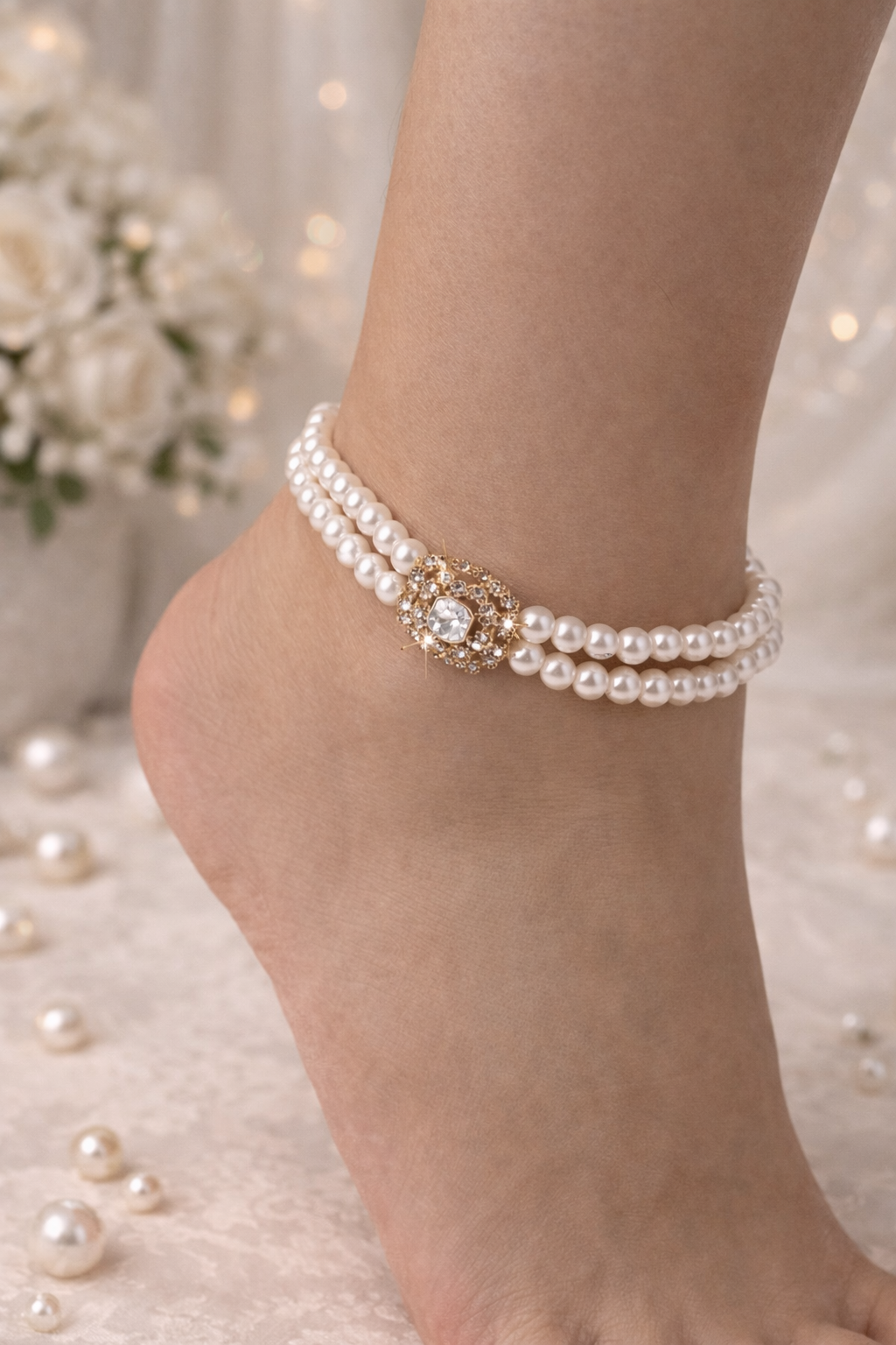 Double Pearl Anklet with Gold Clasp