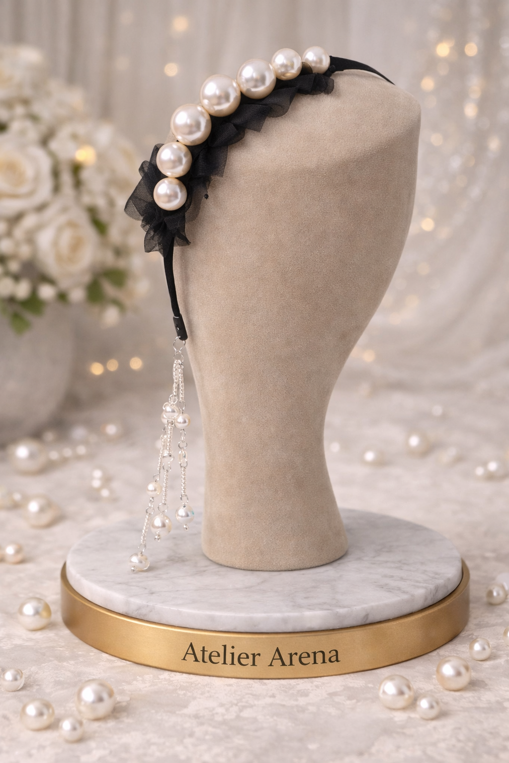 Pearl Headband with Crystal Pendant - Black