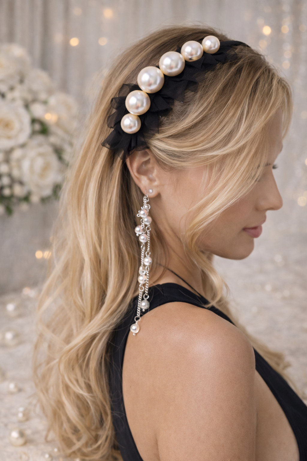 Pearl Headband with Crystal Pendant - Black