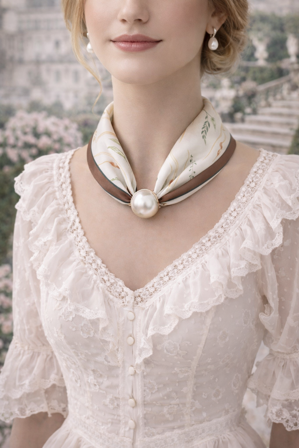 Scarf with Floral Print and Pearl - White & Brown