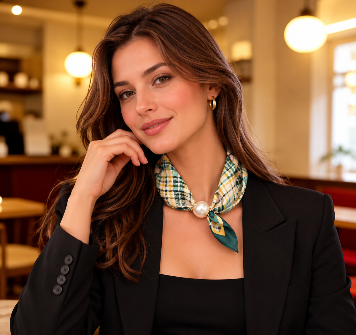 Green Ekose Scarf with Pearl Clasp