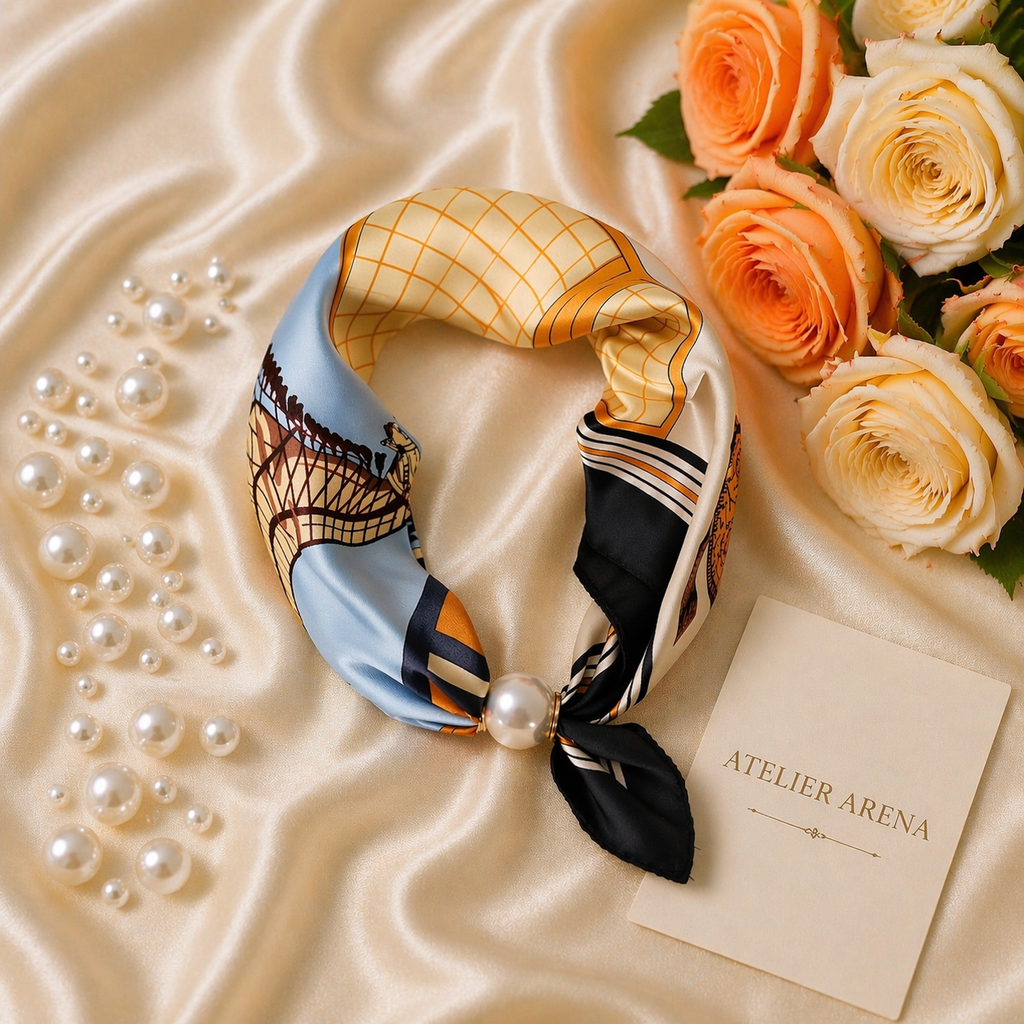 Luxury Satin Scarf with Pearl – Classic Blue Gold