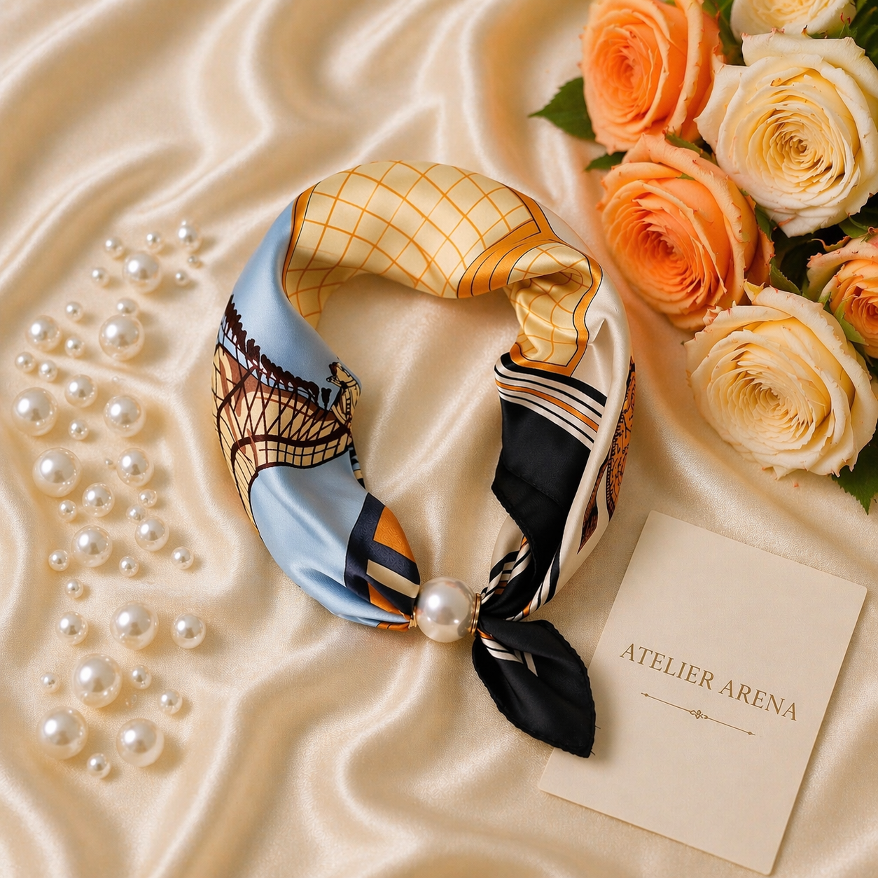 Luxury Satin Scarf with Pearl – Classic Blue Gold