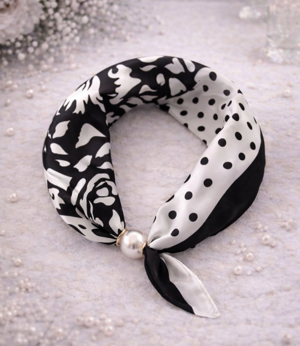 Black and White Scarf with Flowers and Dots and Pearl