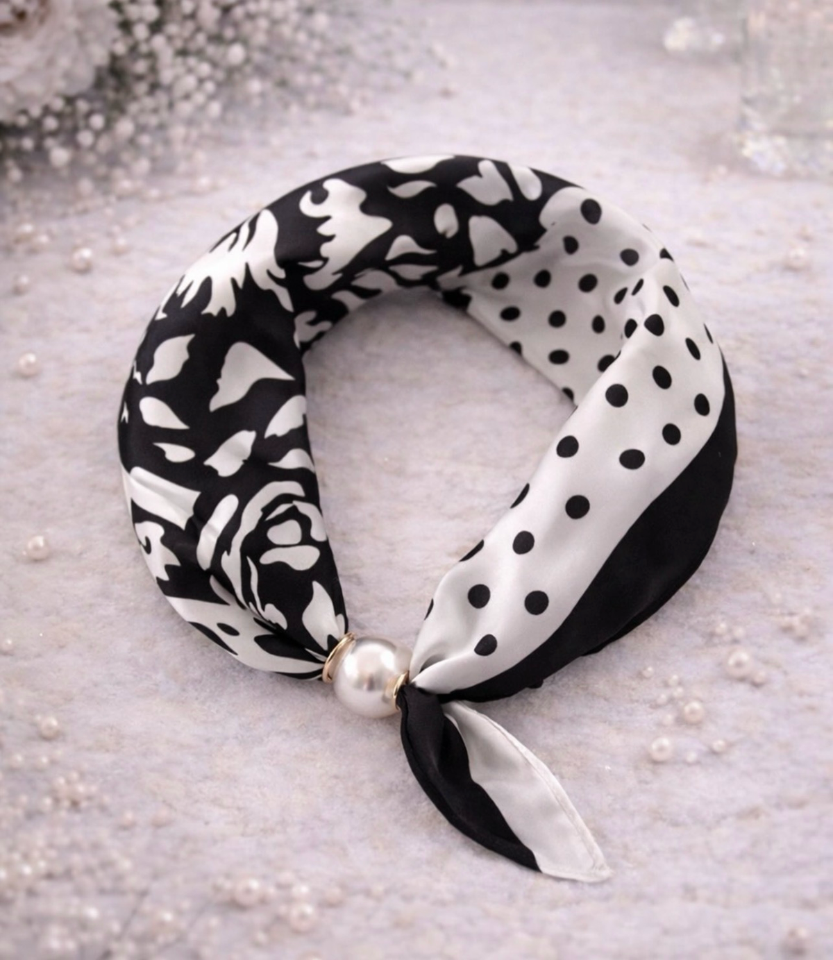 Black and White Scarf with Flowers and Dots and Pearl