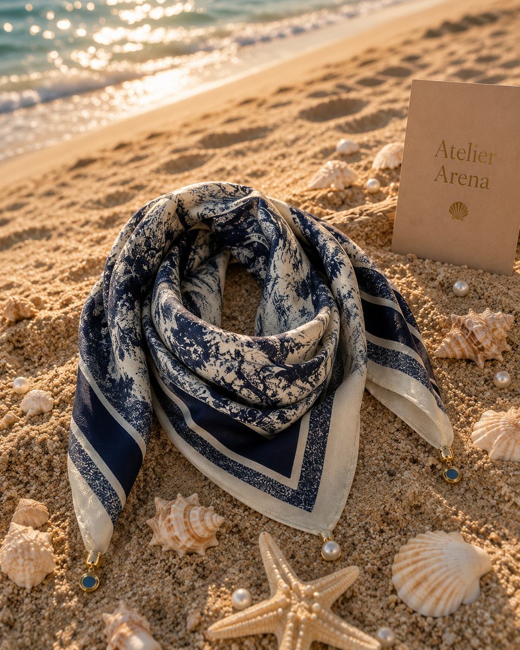 Satin Scarf with Blue Toile de Jouy Design