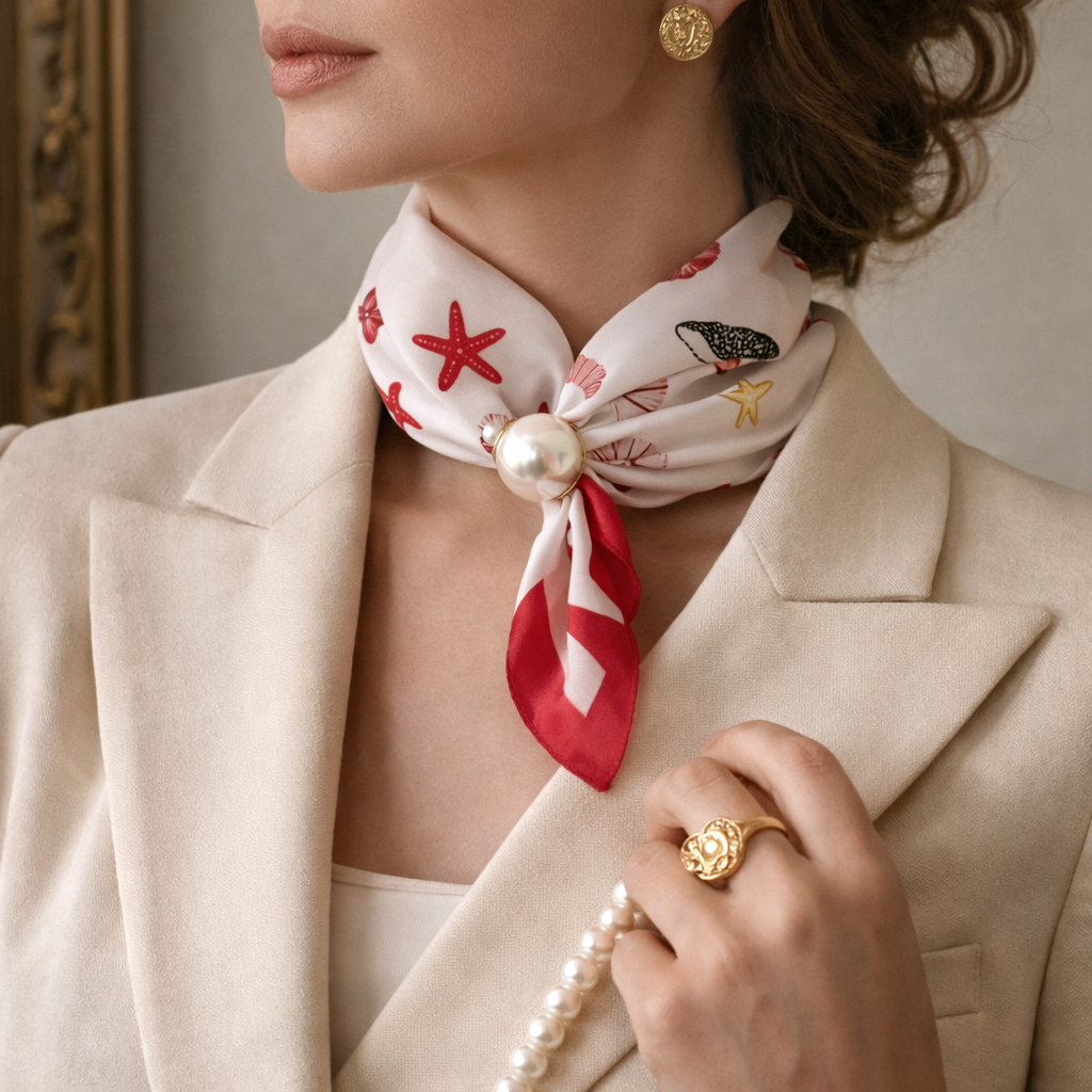 Star print summer scarf with pearl