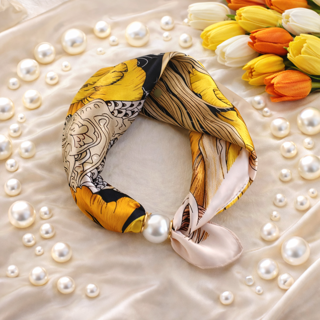 Yellow-Beige Scarf with Flower Ornament Mix and Pearl