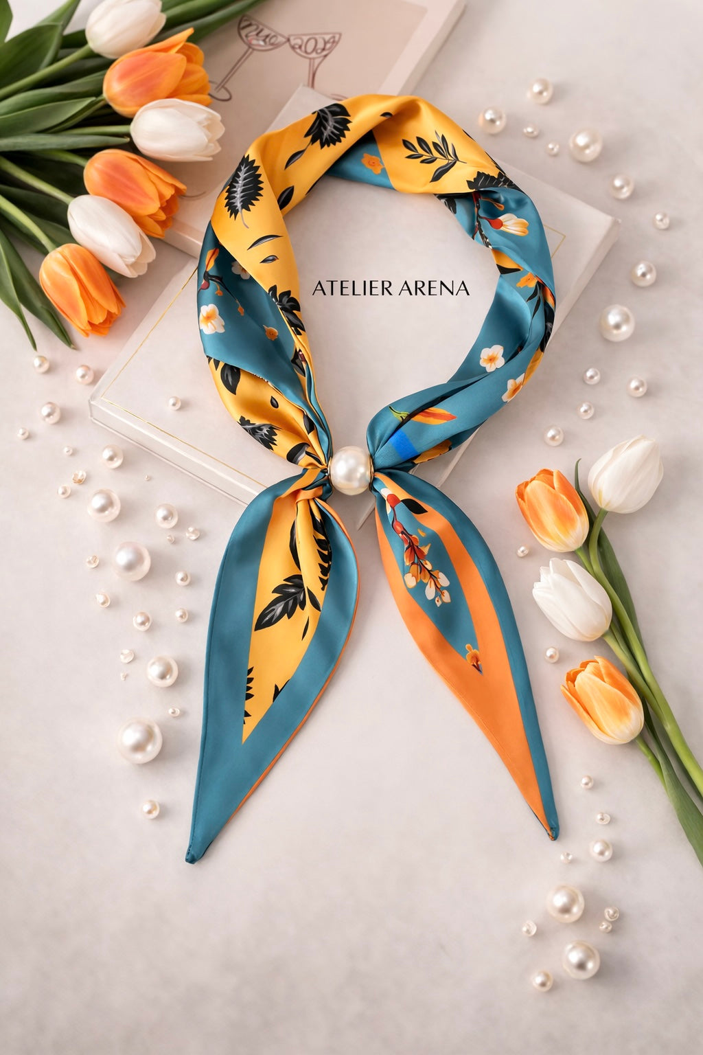 Turquoise Yellow Scarf with Floral Motif and Pearl