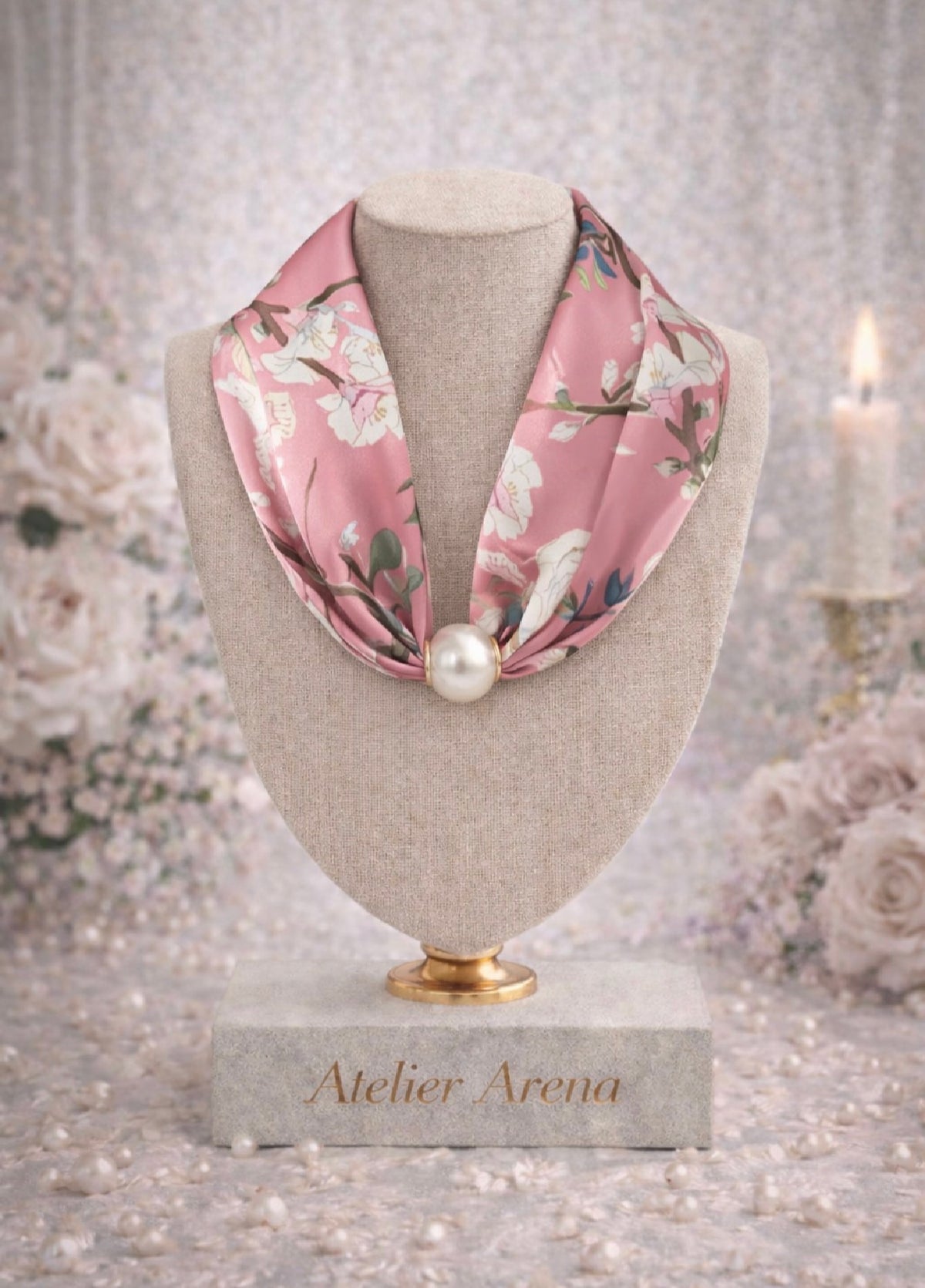 Scarf with Floral Print and Pearl - Pink