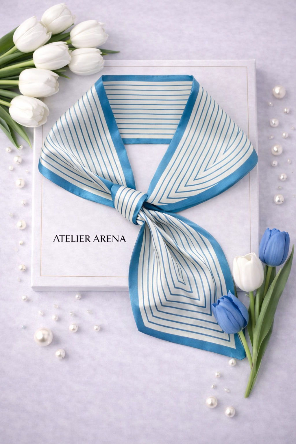 White-Blue Silk Scarf with Striped Pattern and Loop