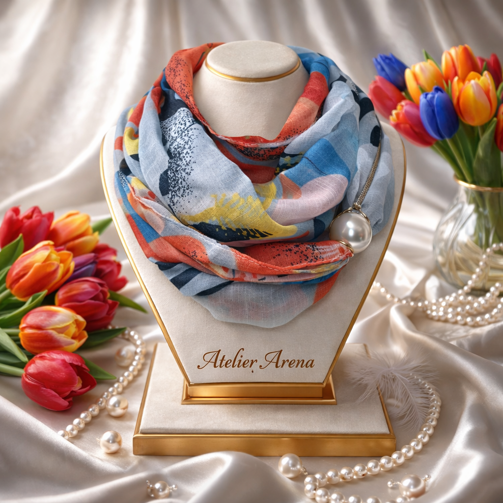 Multicolor Scarf with Abstract Pattern and Pearl