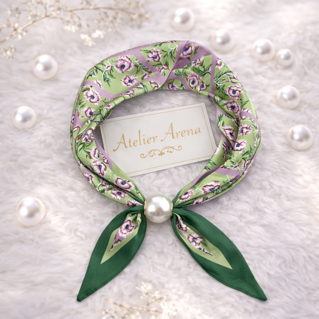 Green-Purple Scarf with Floral Print and Pearl