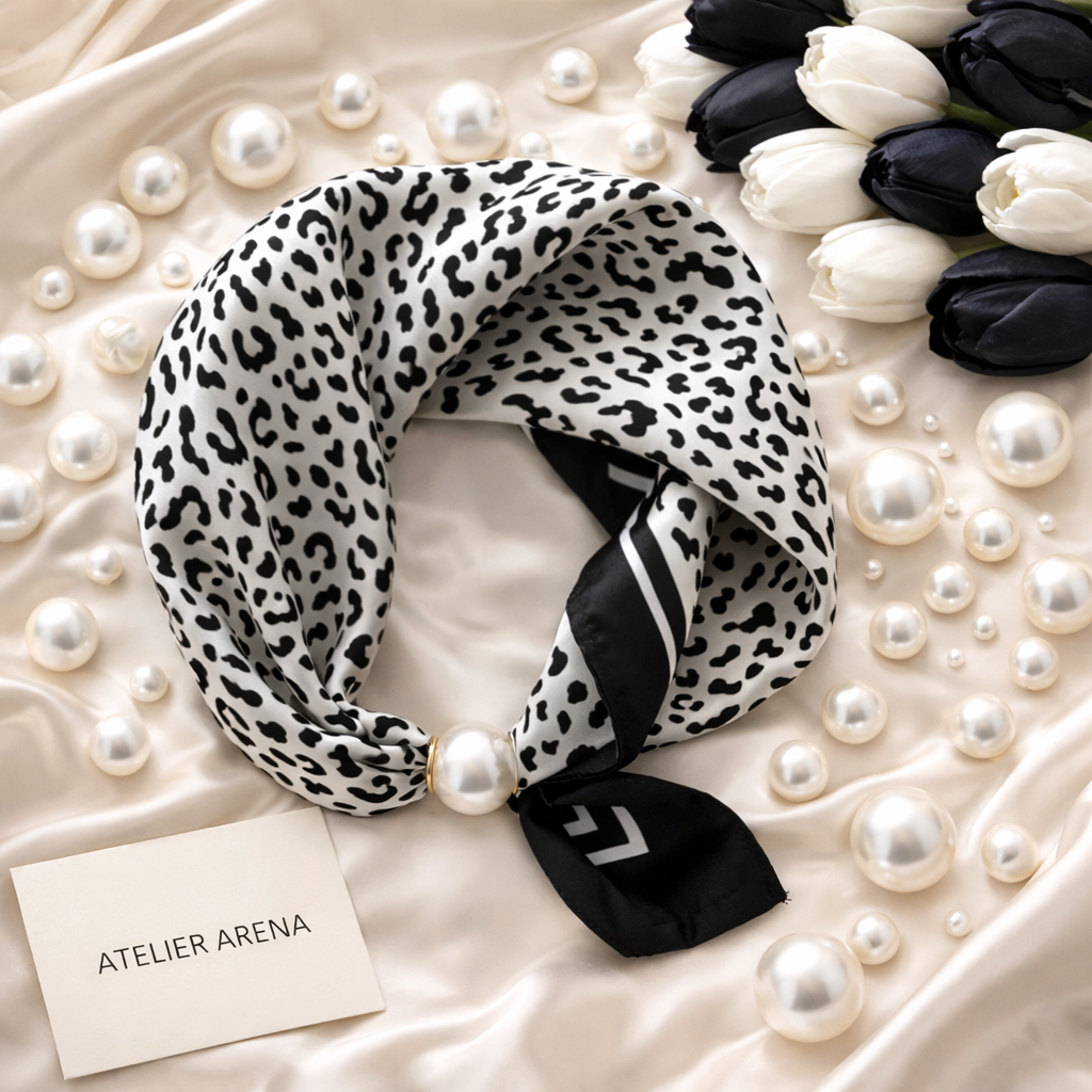 Leopard Print Scarf with Black Accent and Pearl