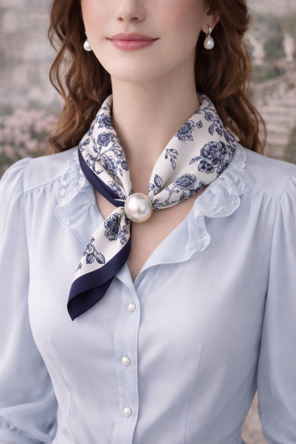 Scarf Flower Pattern - Dark Blue & White
