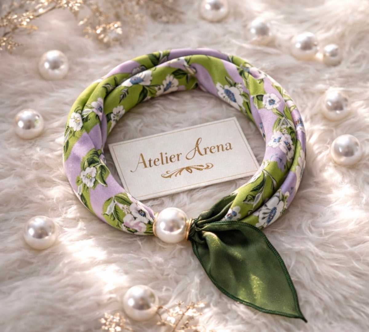 Lilac-Green Scarf with Floral Print and Pearl
