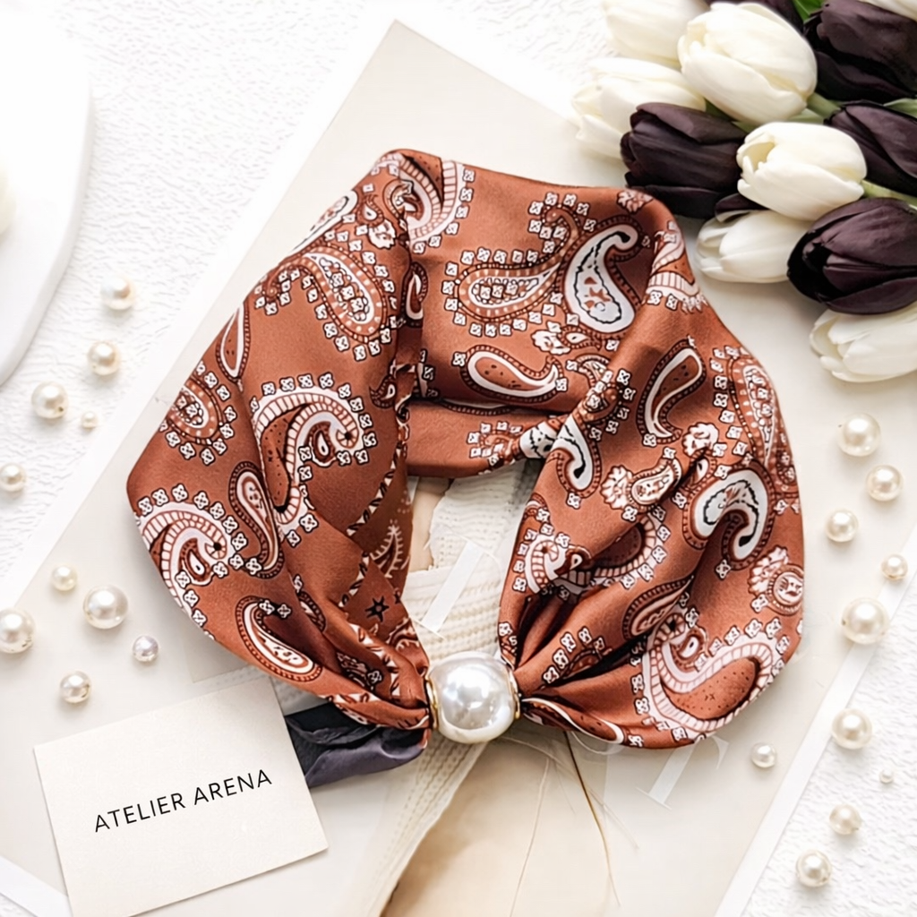 Terracotta Scarf with Paisley Pattern and Pearl