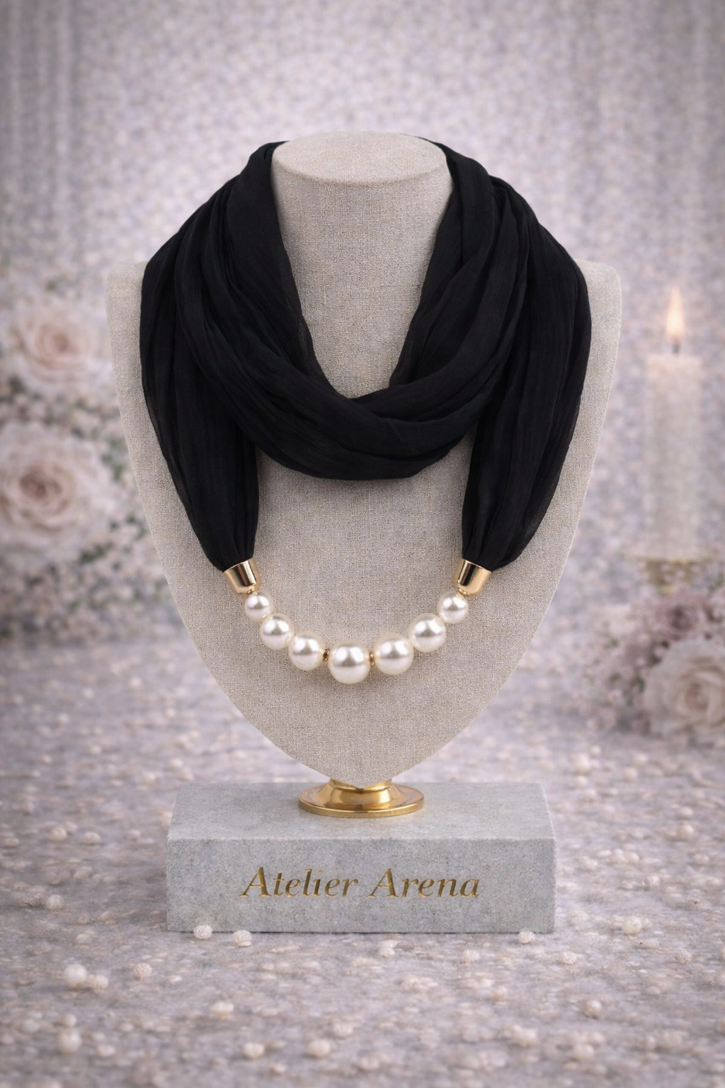 Black Scarf Necklace with Pearls