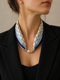 Luxury Satin Scarf with Pearl – Blue Cream Pattern
