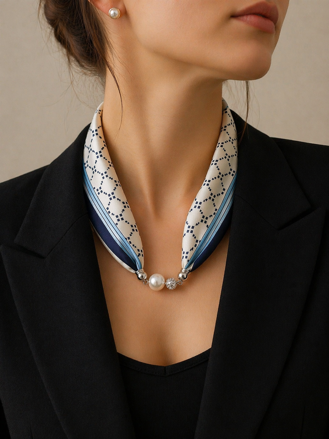 Luxury Satin Scarf with Pearl – Blue Cream Pattern