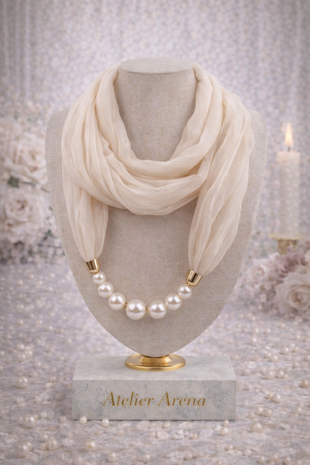 Beige Scarf Necklace with Pearls